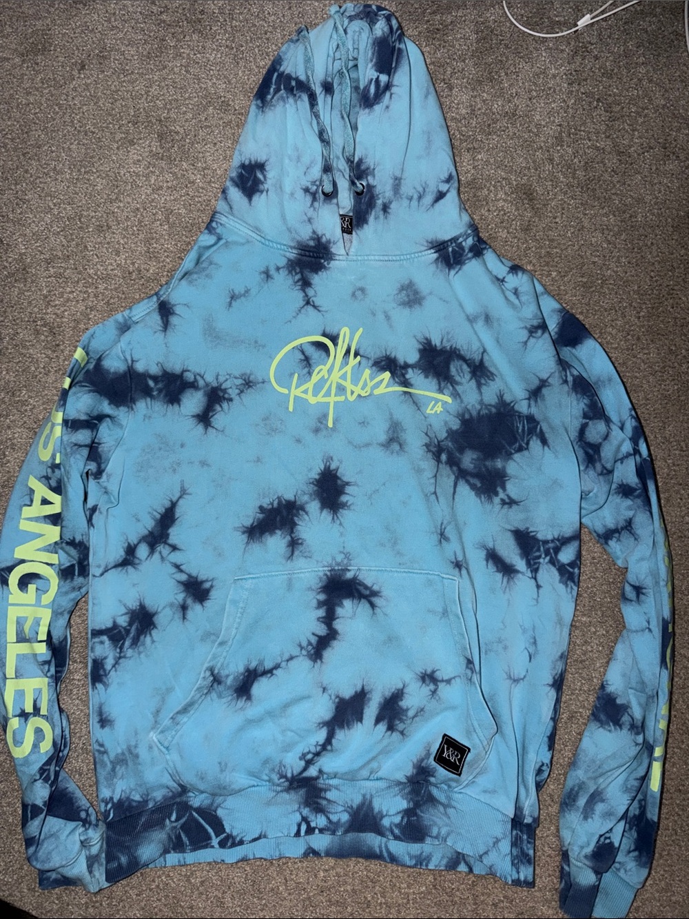 Young & Reckless Blue and Navy Tie-Dye Hoodie with Neon Yellow Logo